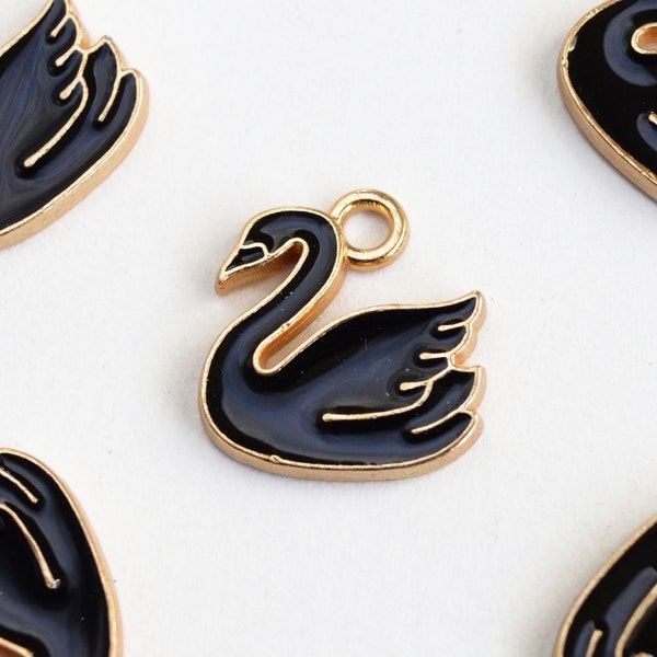 Black Swan Charms, Gold Toned Enamel Bird Pendants, 14mm x 13mm - 5 pieces (1048)