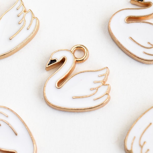 White Swan Charms, Gold Toned Enamel Bird Pendants, 14mm x 13mm - 5 pieces (1047)