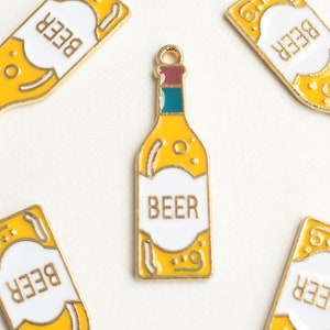 Enamel Beer Bottle Charms: Gold Toned Drink Pendants (5 pieces)