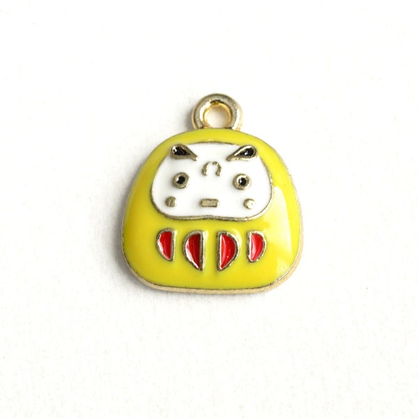 4 Daruma Charms, Yellow Enamel Japanese Doll Charm, 15x13mm (1939)