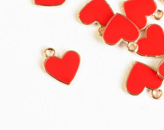 5 Red Heart Charms, Enamel Gold Toned Valentine Pendants, 13mm x 11mm (856)
