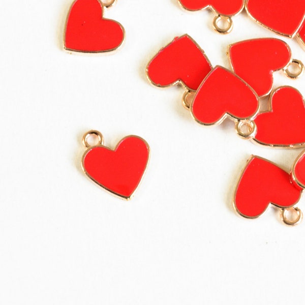 6 Red Heart Charms, Enamel Gold Toned Valentine Pendants, 13mm x 11mm - 6 pieces (856)