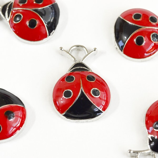 5 Red Ladybug Charms, Silver With Red Enamel, 17mm  (428)