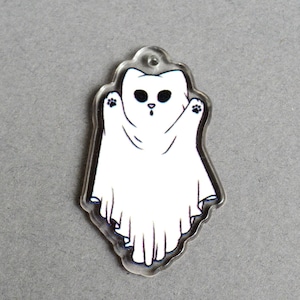 2 Ghost Cat Charms, White Halloween Pendants, 42x25mm (837)