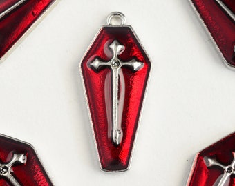 4 or 20 Coffin Pendants, Red Enamel Cross Charms, Silver Tone, 26mm x 11mm (1376)
