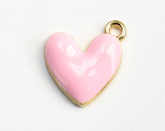 4 Pink Heart Charms, Love Pendants, Enamel Gold Toned, Valentine Jewelry Supplies, 14mm x 13mm (1583p)