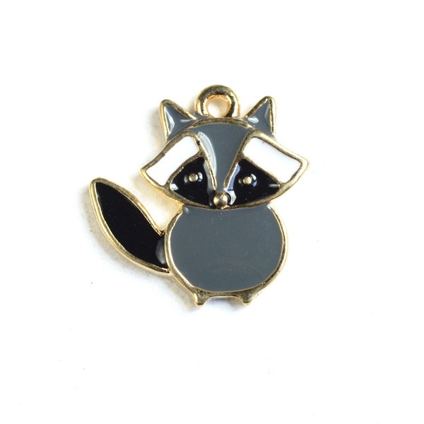 4 Raccoon Charms, Cartoon Style Enamel Pendants, Grey Black and White on Gold Toned Metal - 20x20mm (1761)