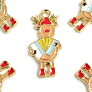 5 Reindeer Charm, Enamel Deer With Accordion, Gold Tone Music Charm, 25x12mm (1838)