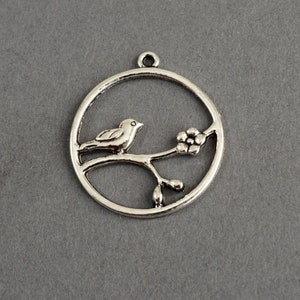 Bird On Branch Pendant: Antique Silver Tone Charms (4 Pieces, 33mm x 22mm)
