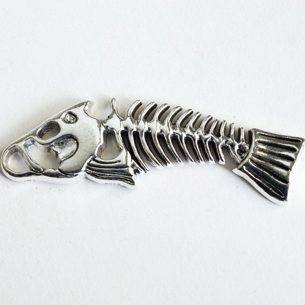 1 Fish Skeleton Pendant, Antique Silver Tone, 57mm x 18mm (SLC02)