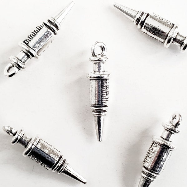 Syringe Charms, Antique Silver Tone Medicine Pendants, 25mm x 6mm - 10 pieces (1134)