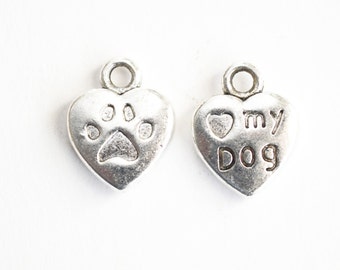 Heart Charms With Dog Paw and Love My Dog Phrase, Heart Dog Charm, 13x10mm - 10 pieces (298)