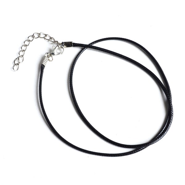 Black Waxed Cotton Cord Necklaces, Lobster Claw Clasp, 1.5mm Thick, 17 3/4 inch With 2 inch Chain Extender, 5 or 10 pieces (WL03)