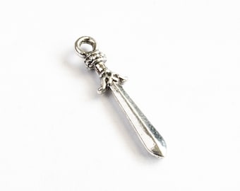 10 Sword Charms, Silver Tone Tiny Swords, 23mm x 5mm (636)