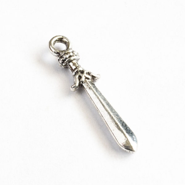 10 Sword Charms, Silver Tone Tiny Swords, 23mm x 5mm (636)