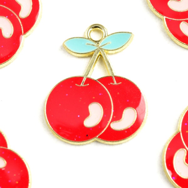 Red Cherry Charms, Enamel Fruit Pendants, Gold Toned 21mm x 18mm - 5 pieces (1572)