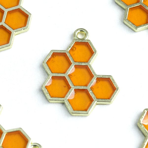 Honeycomb Charms, Yellow Resin Honey Charms, Gold Toned Metal, 20mm x 14mm - 5 pieces (1183)