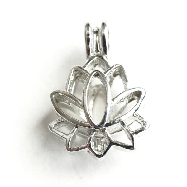 Lotus Flower Locket, Silver Tone Open Aromatherapy Pendant, 26mm x 18mm - 2 pieces (1579)