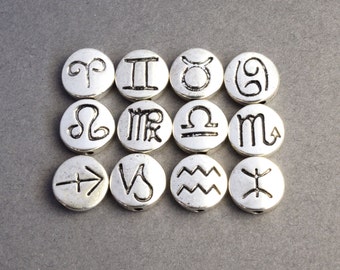 12 Zodiac Beads, Silver Tone Set of Astrology Beads, 11mm (551)