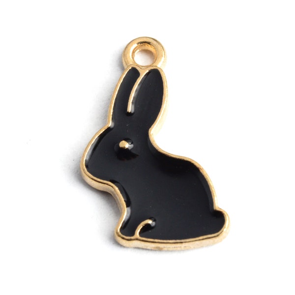 Rabbit Charm, Black Enamel Gold Toned Pendants, 17mm x 11mm - 5 pieces (1089)