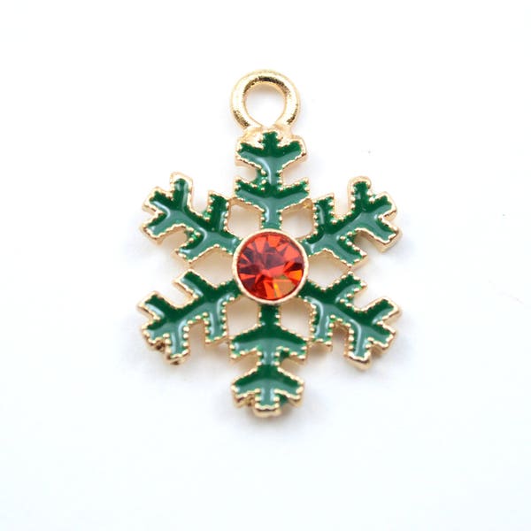 Snowflake Charm, Christmas Pendants With Red Rhinestone, Green Enamel Gold Tone - 4 pieces (G252)