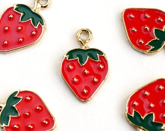 Strawberry Charm, Red Enamel Fruit Pendant, 20mm x 13mm - 5 pieces (1061)