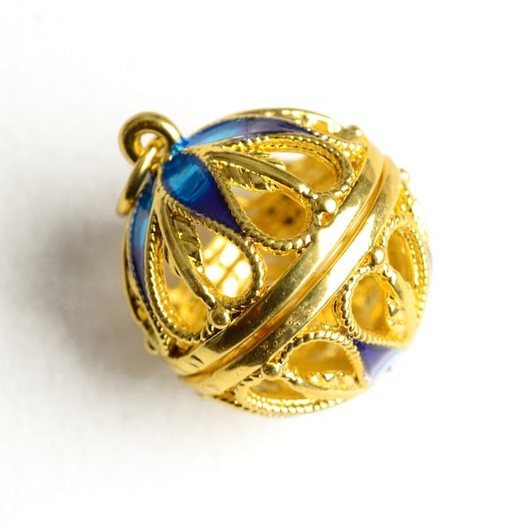 1 Golden Orb Locket With Blue Enamel, Cage Pendant, 19x18mm (1992)