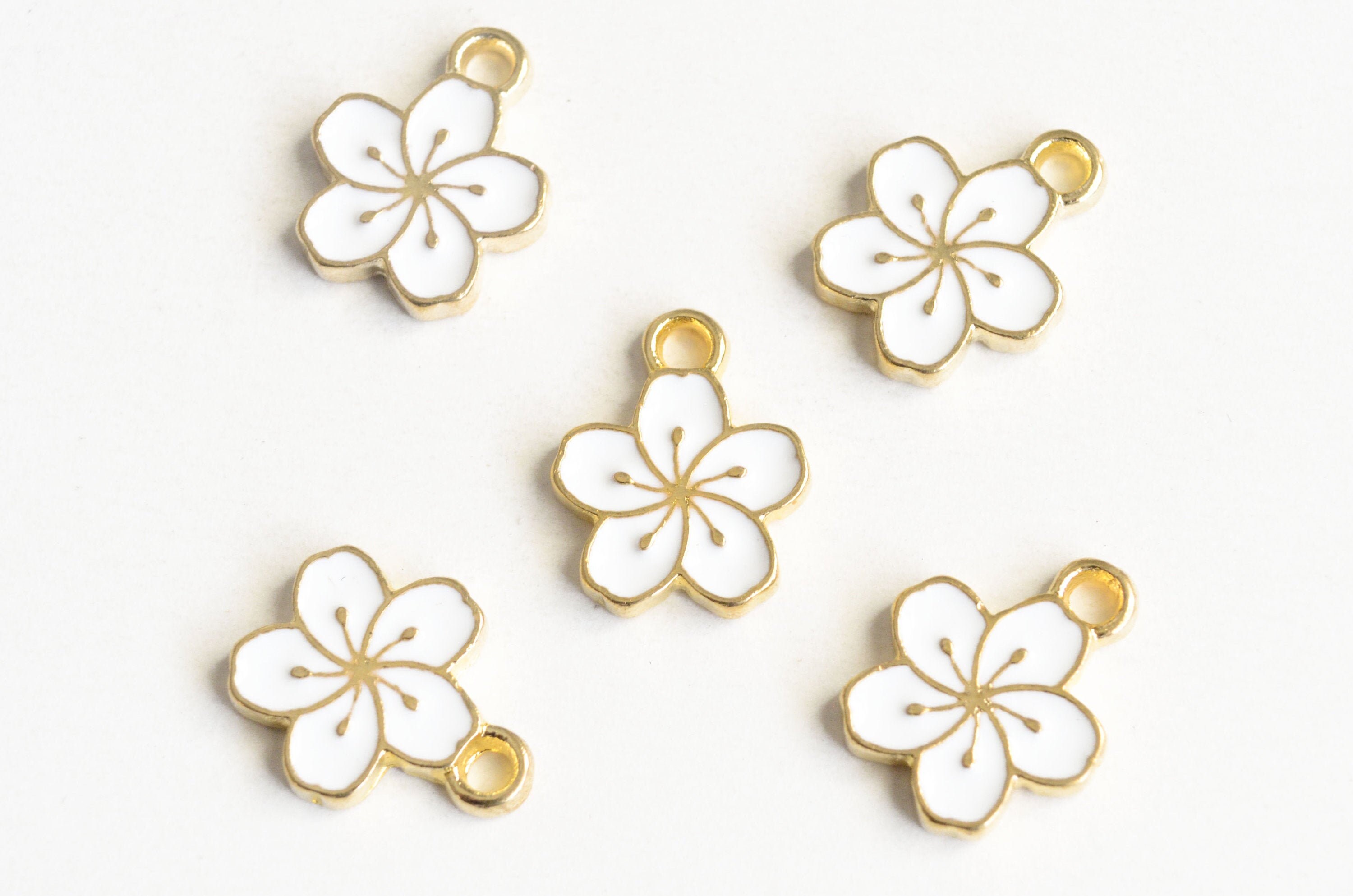 White Flower Charms, Enamel on Gold Toned Metal, 18mm X 14mm 4