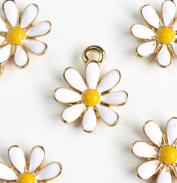 White Flower Charms, Enamel on Gold Toned Metal, 18mm X 14mm 4