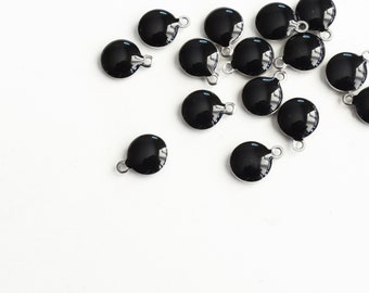 10 Black Drop Charms, Round Dot Charms, Stainless Steel Pendants 8mm (608)