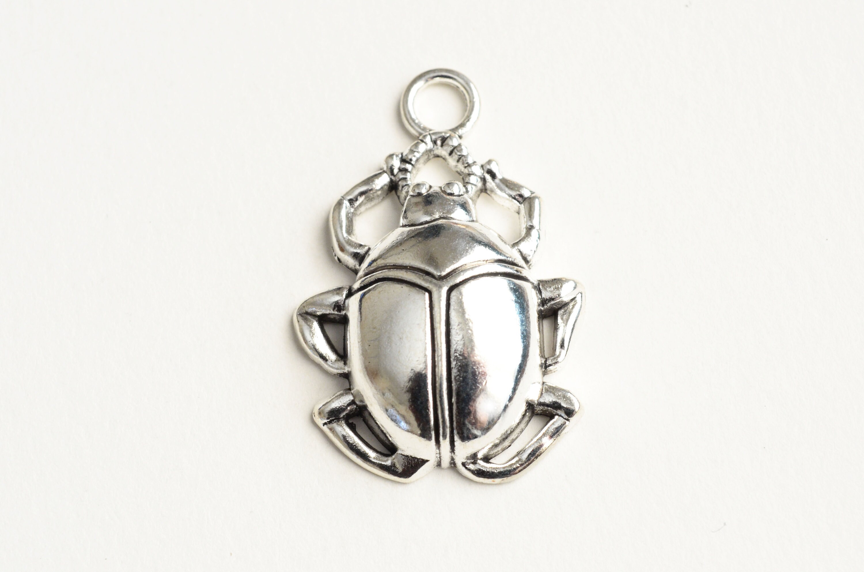 Vietguild Vintage Silver Pewter Scarab Beetle Charm Pendant Necklace - 18 Inch Cord, Egyptian Style