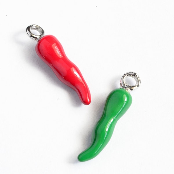 2 Red and Green Chile Charms, Chili Pepper Pendants, 20mm (570AB)