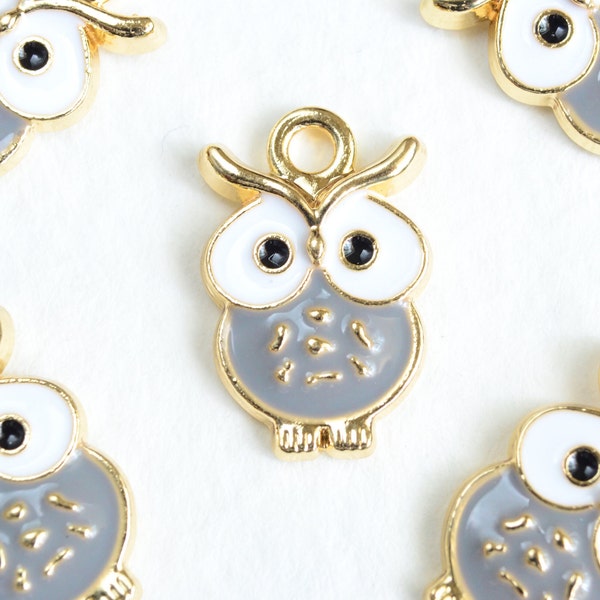 5 Gray Owl Charms, Enamel Bird Pendants, 18x11mm (2104)