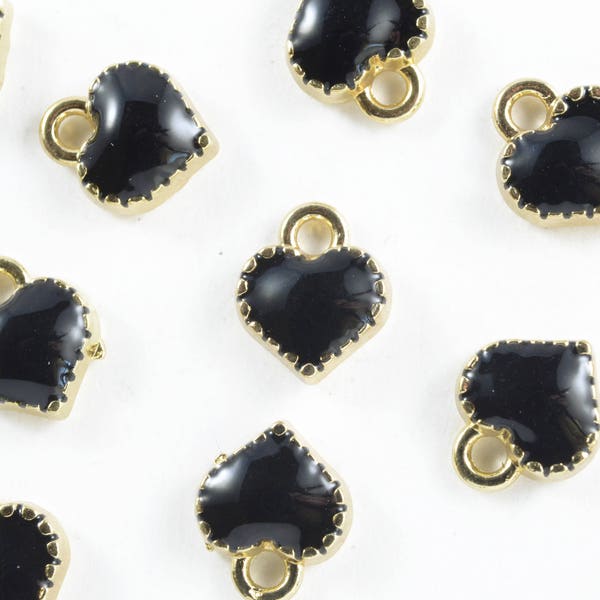 Tiny Black Heart Charms, Gold Plated Pendant, 8mm - 10 pieces (120GBLACK)