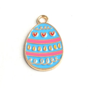 4 Easter Egg Charm, Gold Tone Blue and Pink Pysanky Egg Pendant, 22x14mm (1856)