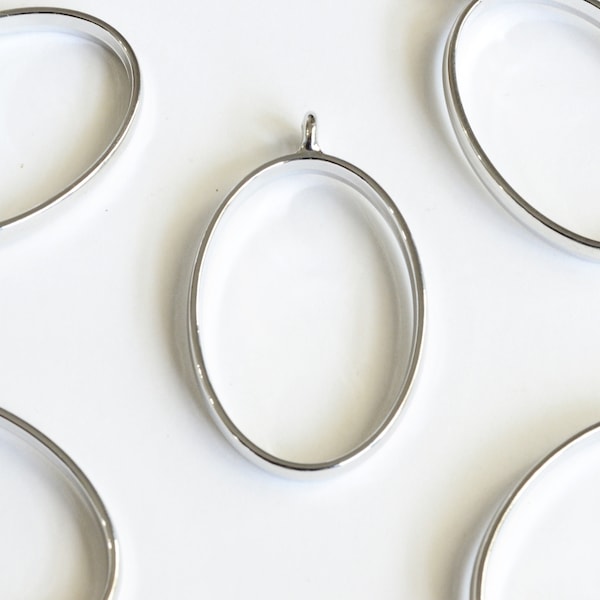 Silver Oval Charm, Oval Frame Pendant, Shiny Silver Toned Open Back Bezel 40mm x 24mm - 4 pieces (519)