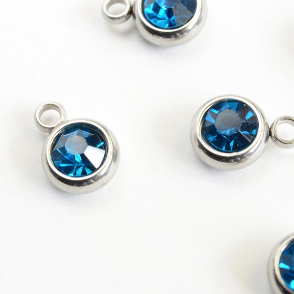 Blue Birthstone Charms Light Sapphire Crystal Stainless Steel 8mm x 6mm - 5 pieces (530)