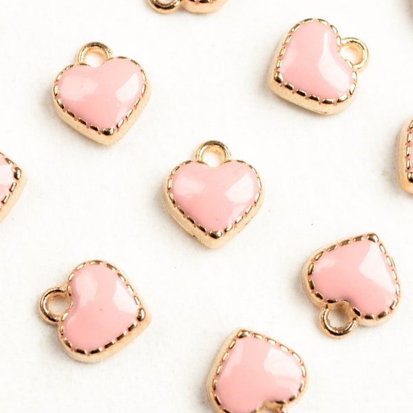 Tiny Pink Heart Charms, Enamel Gold Toned Plating - 10 pieces (1557)