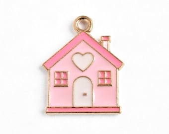 Pink House Charm, Enamel Cottage Pendant, 20x16mm - 4 pieces (578)