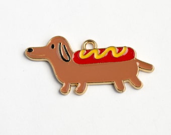 Wiener Dog Charm,  Hot Dog Dachshund, 18x38mm - 4 pieces (349)