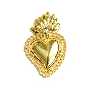 Milagro Heart Pendant, Gold Tone Sacred Heart, Ex Voto Folk Art, 41mm x 26mm - 2 pieces (1574)