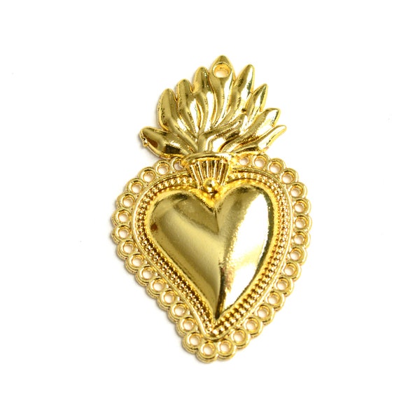 Milagro Heart Pendant, Gold Tone Sacred Heart, Ex Voto Folk Art, 41mm x 26mm - 2 pieces (1574)