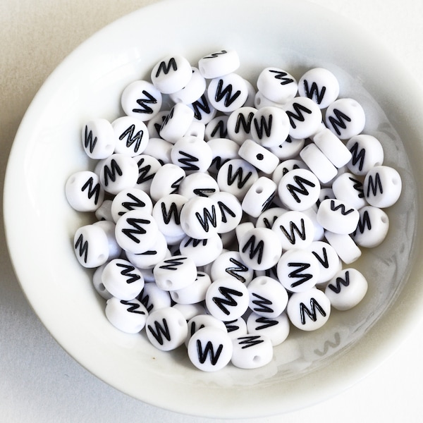 Letter W Plastic Alphabet Beads, White With Black Initial, 7mm x 3.5mm - 100 pieces (BTW)