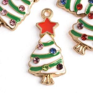 4 Rhinestone Christmas Tree Charms With Red Star, Gold Tone, 23x11mm (849)