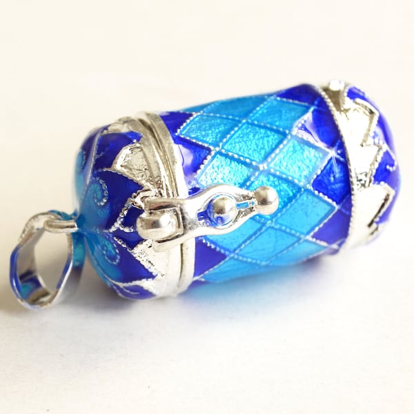 Prayer Box Pendant, Blue Enamel, Silver Toned Base, 26mm x 14mm - 1 piece (1161)