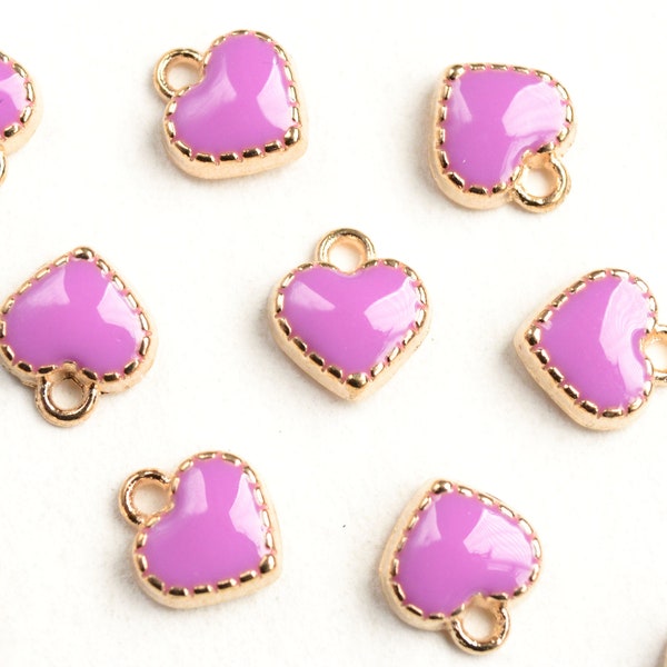 10 Tiny Purple Heart Charms, Enamel Gold Toned Plating (1556)