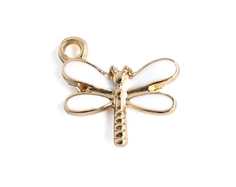 Whit Enamel Dragonfly Charm, Gold Tone, 14x15mm - 4 pieces (1460)