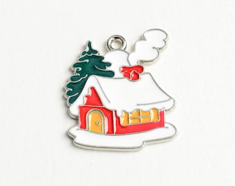 Enamel Cabin Charms: Snowy House Pendants (22x19mm) - 1609