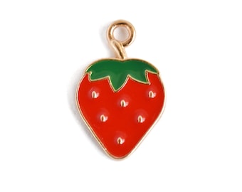 Strawberry Charm, Red Enamel Fruit Pendant, 20mm x 13mm - 4 pieces (1061)