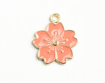 Peach Flower Blossom Charms, Gold Toned, 21mm x 18mm - 5 pieces (1566)